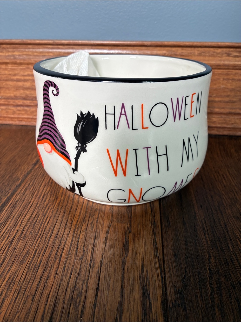 Halloween Gnome Ceramic Bowl - White with Orange & Purple